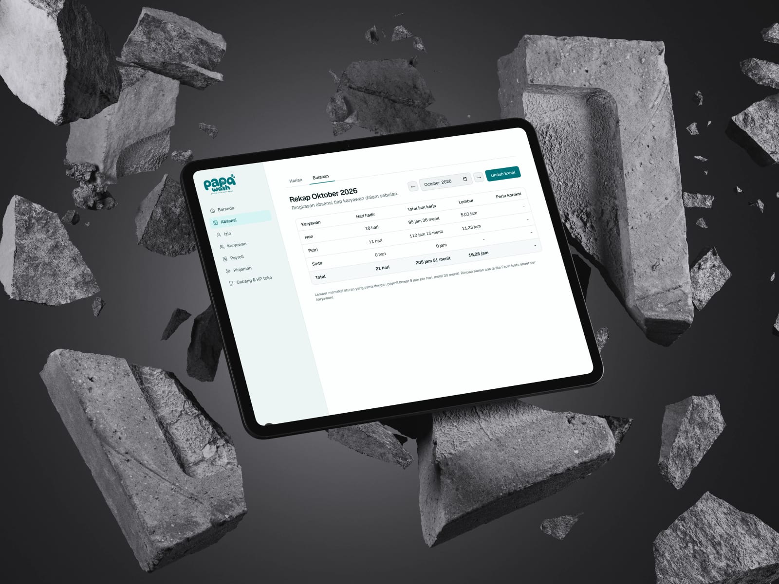 Papawash HRIS monthly attendance recap on a tablet, showing days present, total hours and overtime for each employee, with an Excel download button