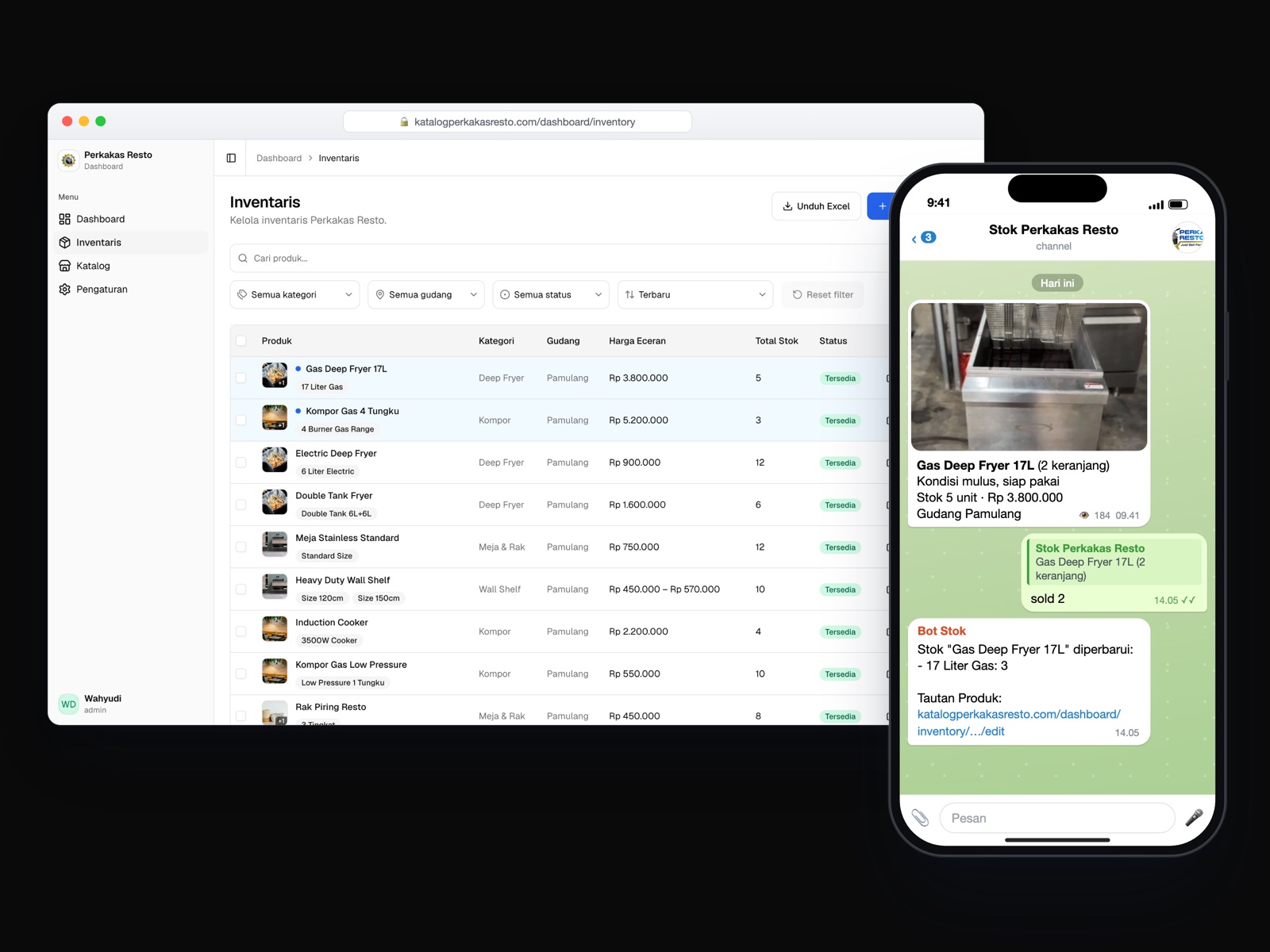 Perkakas Resto inventory table in a browser, with the Telegram stock channel open on a phone beside it