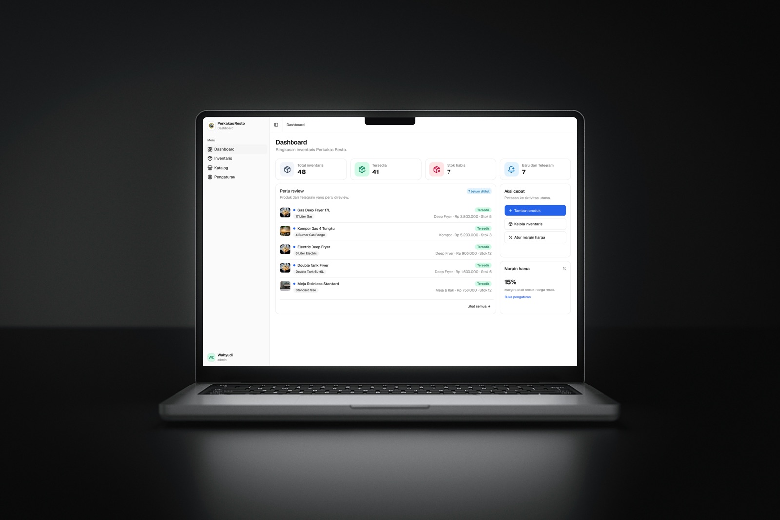 Perkakas Resto dashboard on a laptop, showing inventory totals, recent products and quick actions
